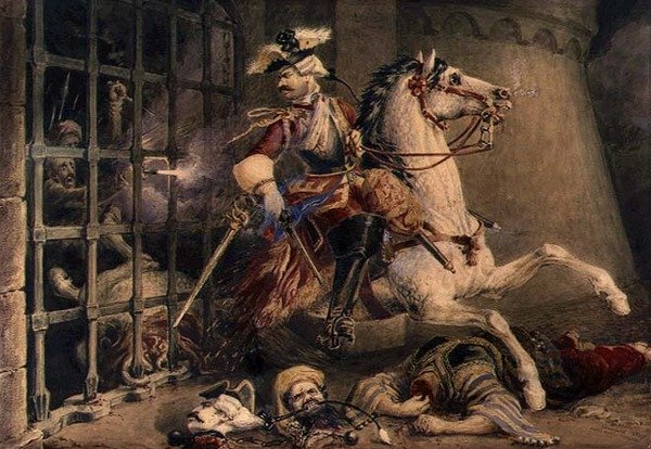 Oficer kawalerii uciekający przed Turkami, ok. 1830 r. (akwarela nad ołówkiem podwyższona gwaszem na papierze) autorstwa William Heath