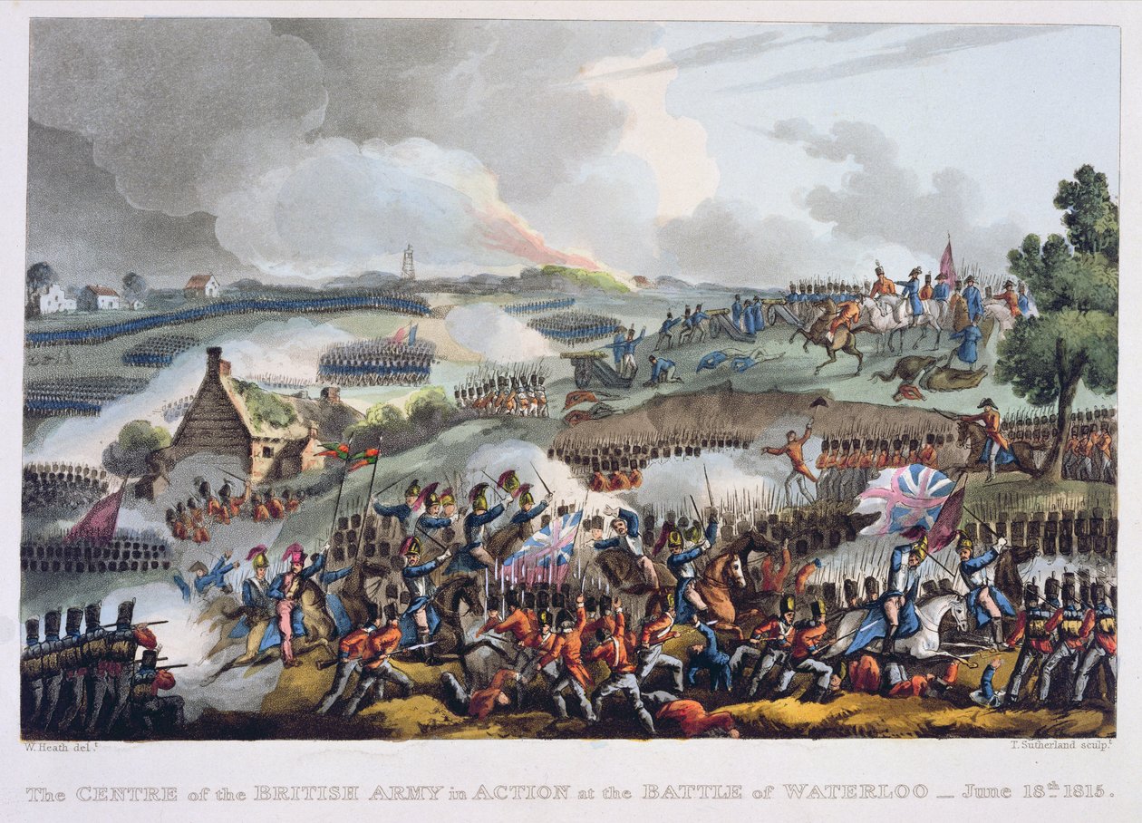 Centrum Armii Brytyjskiej w akcji w bitwie pod Waterloo, 18 czerwca 1815 r., z "The Martial Achievements of Great Britain and her Allies from 1799 to 1815", James Jenkins, wyryte przez Tho autorstwa William Heath