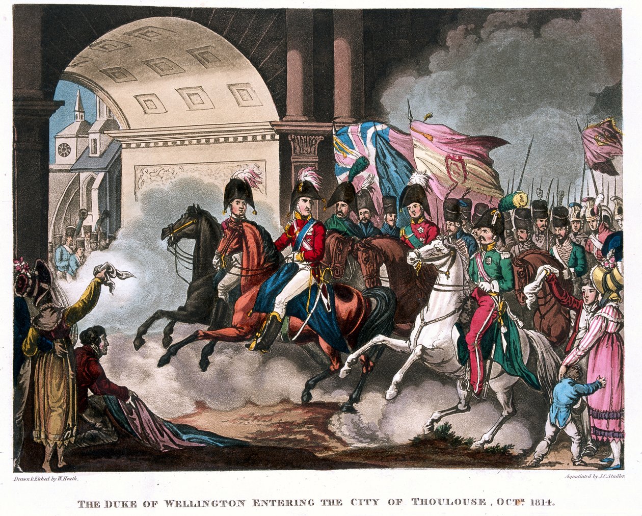 Książę Wellington (1769-1852) wkraczający do Tuluzy w 1814 r., ilustracja do poematu narracyjnego dr. Syntaxa, opublikowana w 1818 r. (kolorowa akwatinta) autorstwa William Heath