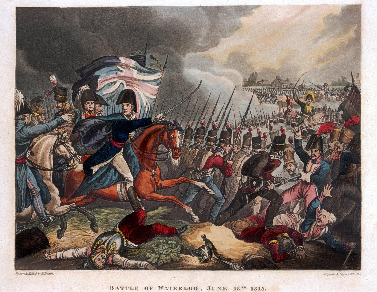 Książę Wellington (1769-1852) z wojskami nacierającymi w bitwie pod Waterloo, ilustracja z wiersza narracyjnego dr. Syntaxa, 1818 (kolorowa akwatinta) autorstwa William Heath