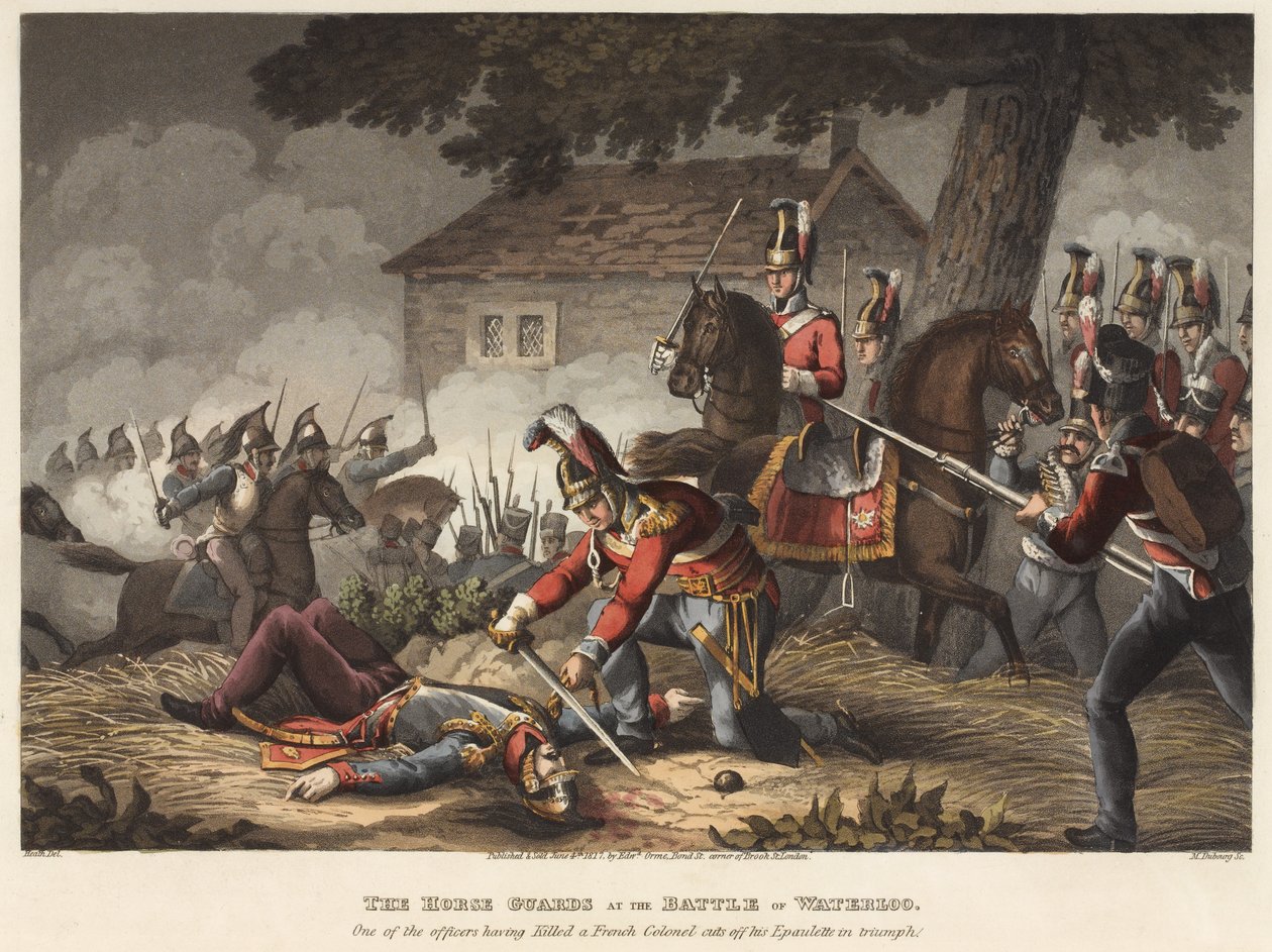 Gwardia konna (życia) w bitwie pod Waterloo, jeden z oficerów, który zabił francuskiego pułkownika triumfalnie odcina mu epolety, ryty przez M. Dubourga, 1819 (kolorowa akwatinta) autorstwa William Heath