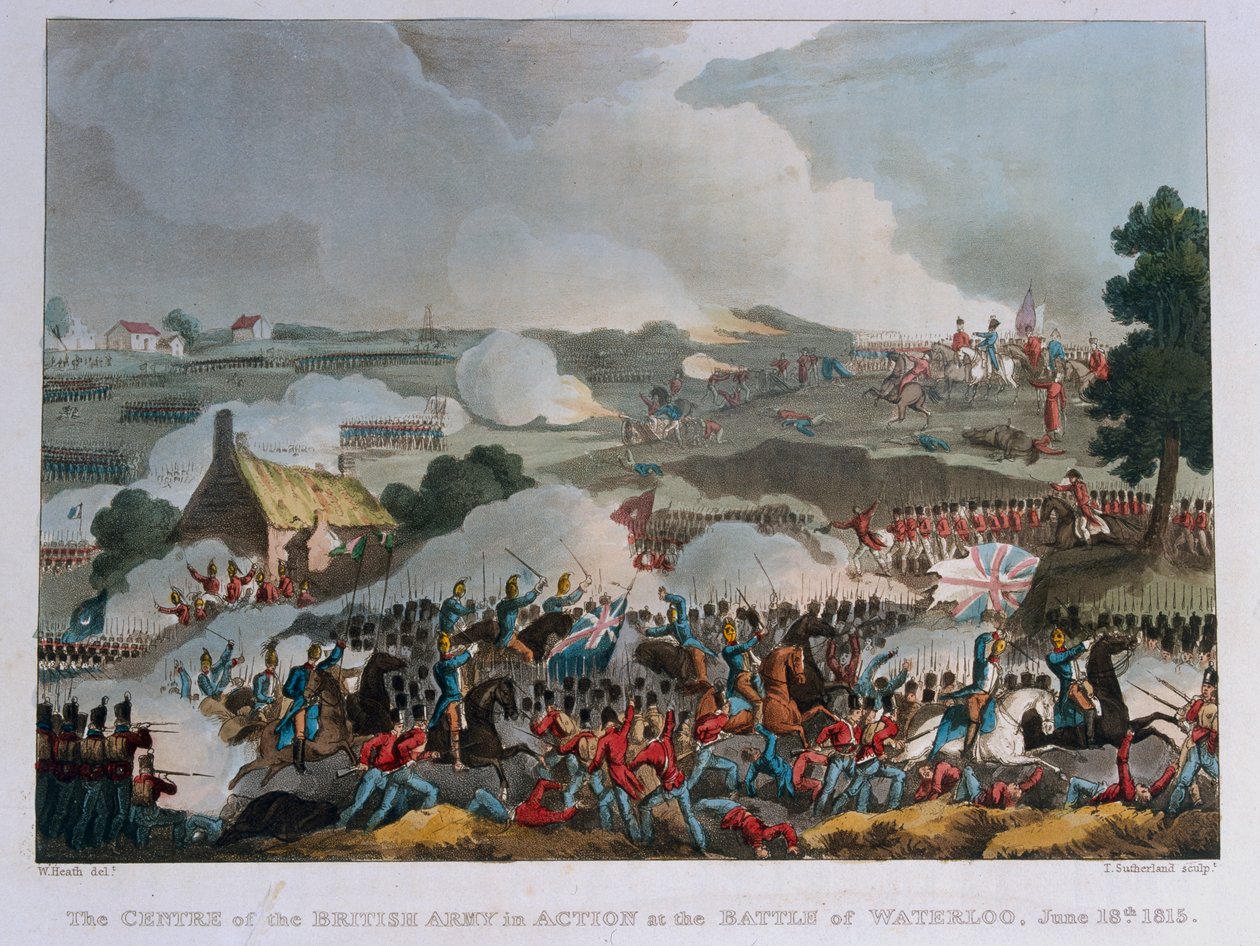 Środek armii brytyjskiej w akcji podczas bitwy pod Waterloo, 1815 (akwatinta) autorstwa William Heath