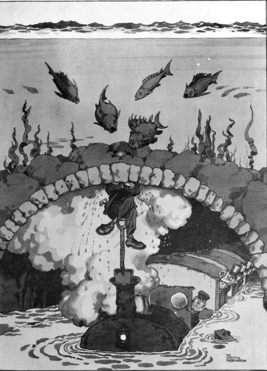 Wyciek w tunelu pod kanałem La Manche, ilustracja z „Wynalazków” autorstwa William Heath Robinson