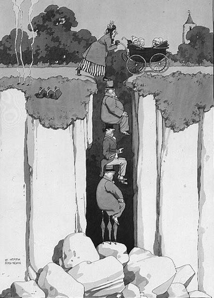 Akt życzliwości, Troskliwość Trzech Panów w Asystowaniu Pani nad Przepaścią (pióro i atrament, akwarela) autorstwa William Heath Robinson