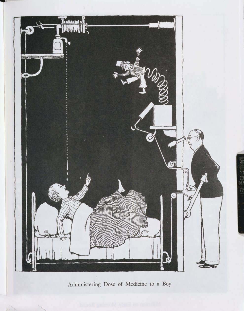 Podawanie dawki leku chłopcu, ilustracja z „Wynalazków” autorstwa William Heath Robinson