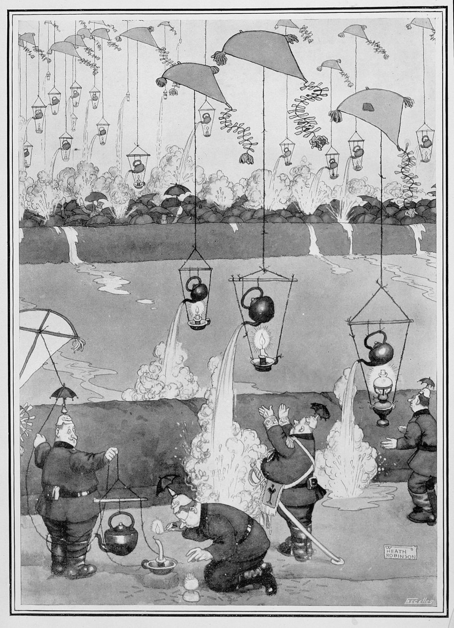 Atak latającego czajnika, z niektórych przerażających obrazów wojennych, 1915 (druk) autorstwa William Heath Robinson