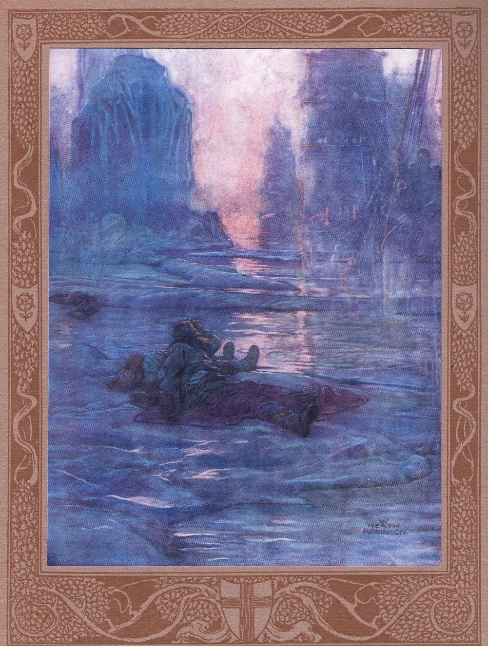 Podążaj za - czekamy przy szlakach, które zgubiliśmy. Za odgłosy wielu kroków, za kroki gospodarza. autorstwa William Heath Robinson