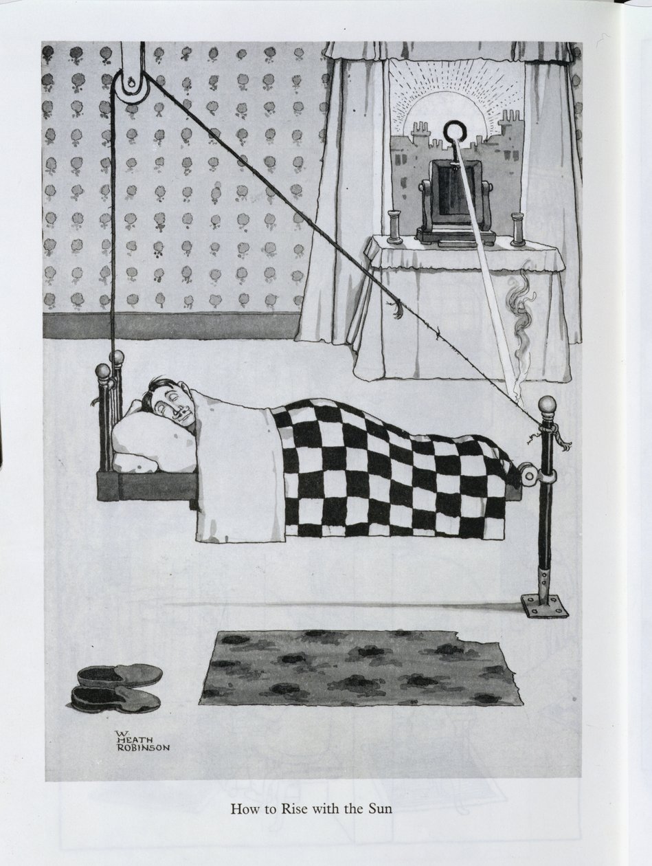 Jak wstać ze słońcem, ilustracja z „Wynalazków” autorstwa William Heath Robinson