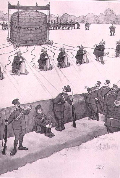 Atak gazem rozweselającym, z „Some Frightful War Pictures” autorstwa William Heath Robinson