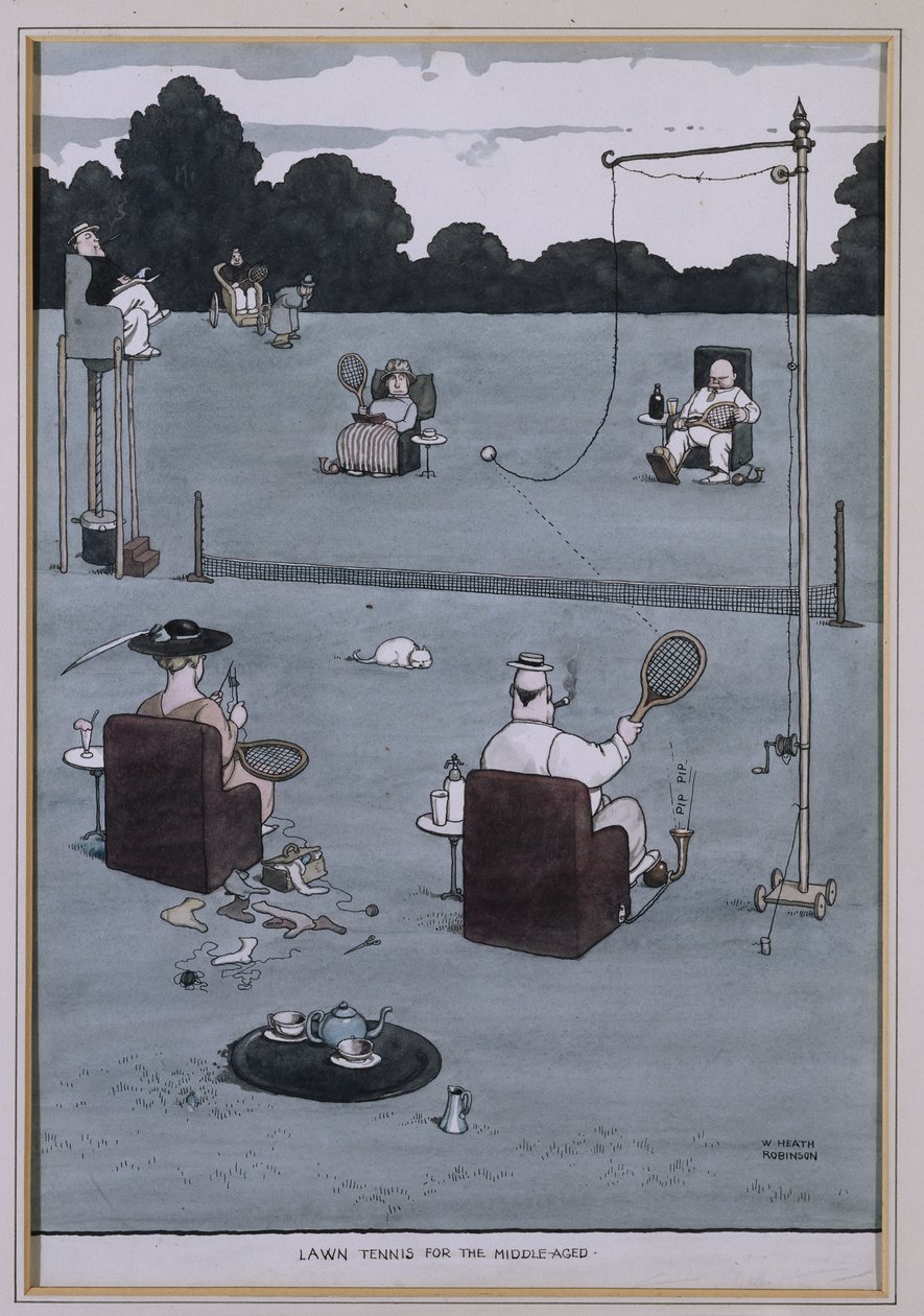 Tenis na trawniku dla średniowiecza (pióro i atrament oraz w/c) autorstwa William Heath Robinson