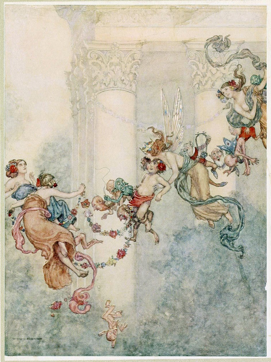 Puck: Nigdy nie miała tak słodkiego odmieńca, ze Snu nocy letniej, wyd. 1914 autorstwa William Heath Robinson