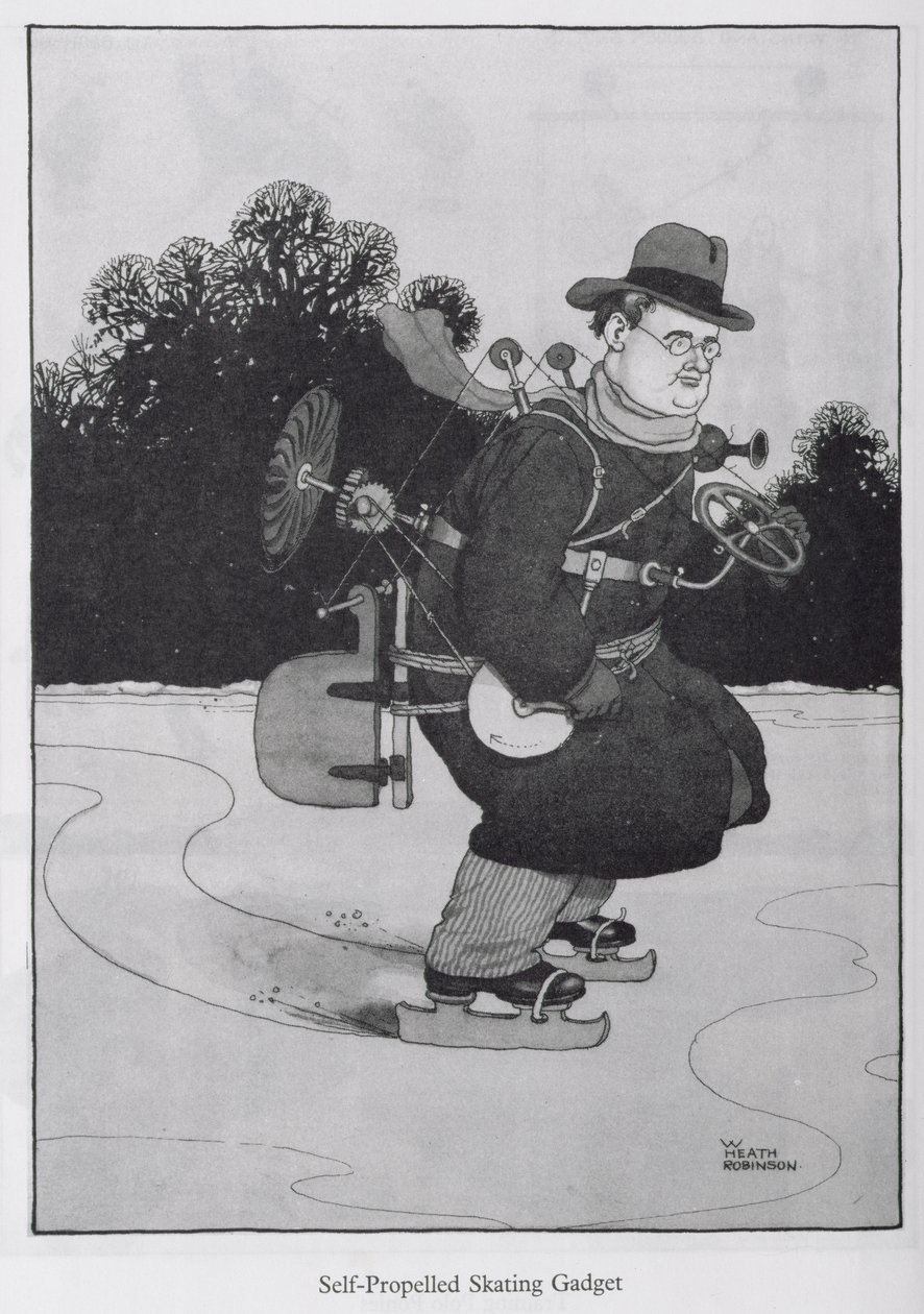 Samobieżny gadżet do jazdy na łyżwach, ilustracja z „Wynalazków” autorstwa William Heath Robinson