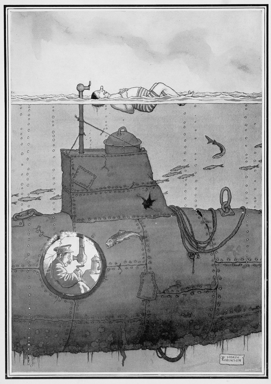 Okręt podwodny, z niektórych przerażających obrazów wojennych, 1915 (druk) autorstwa William Heath Robinson