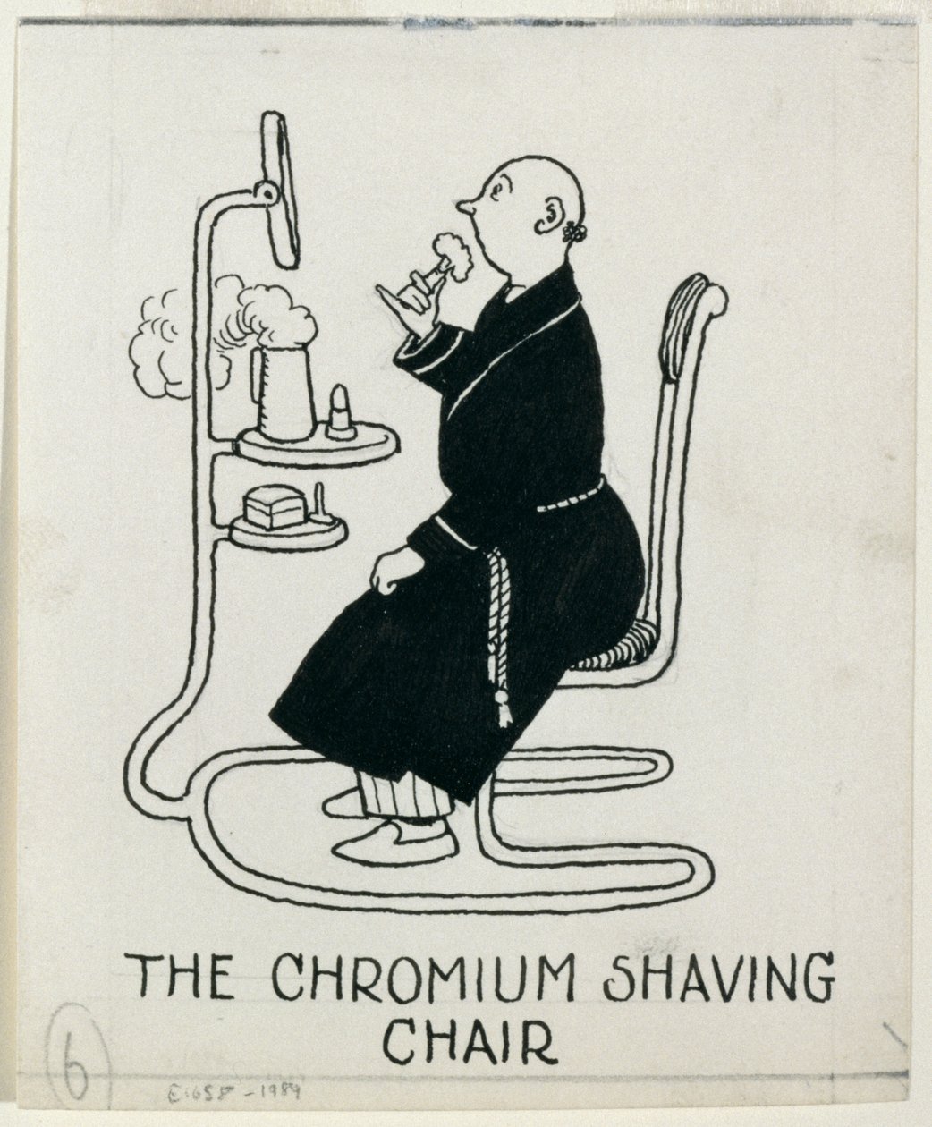 „Krzesło do golenia Chromium”, fragment z „Jak żyć w mieszkaniu”, opublikowane w 1936 r. autorstwa William Heath Robinson