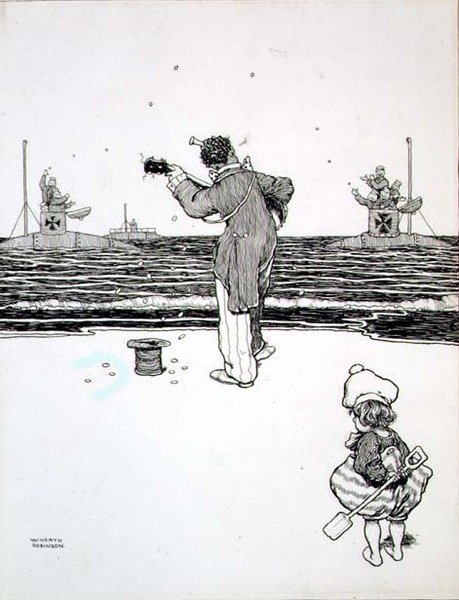 Handel z wrogiem na Yarmouth Sands, z „Some Frightful War Pictures” autorstwa William Heath Robinson