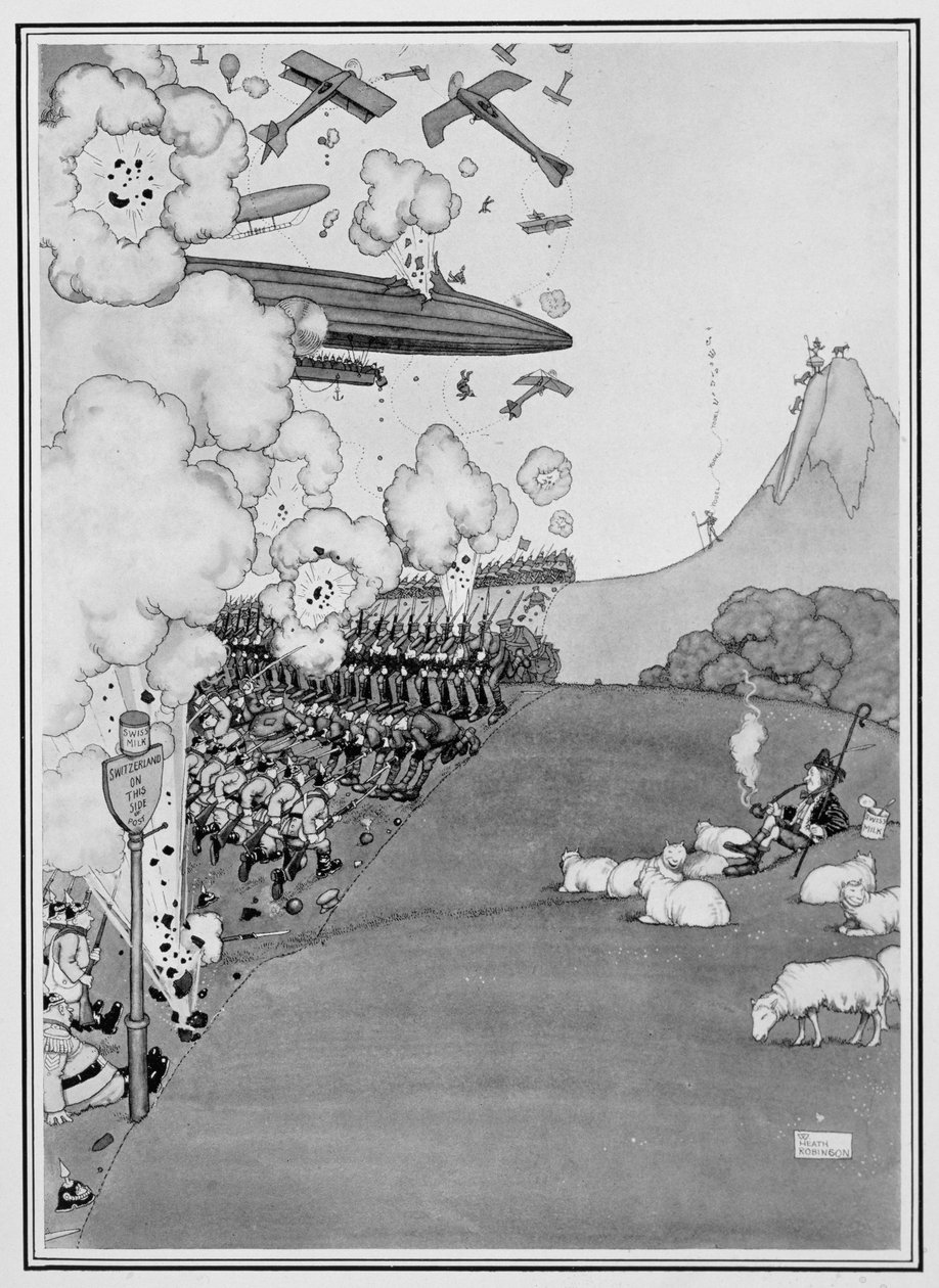 Widok wojny ze Szwajcarii, z „Some Frightful War Pictures”, 1915 autorstwa William Heath Robinson