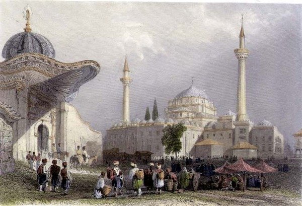 Meczet Bajazeta z Bramą Seraskiera, Istambuł, ryty H. Griffiths, ok. 1850 (akwatinta) autorstwa William Henry (after) Bartlett