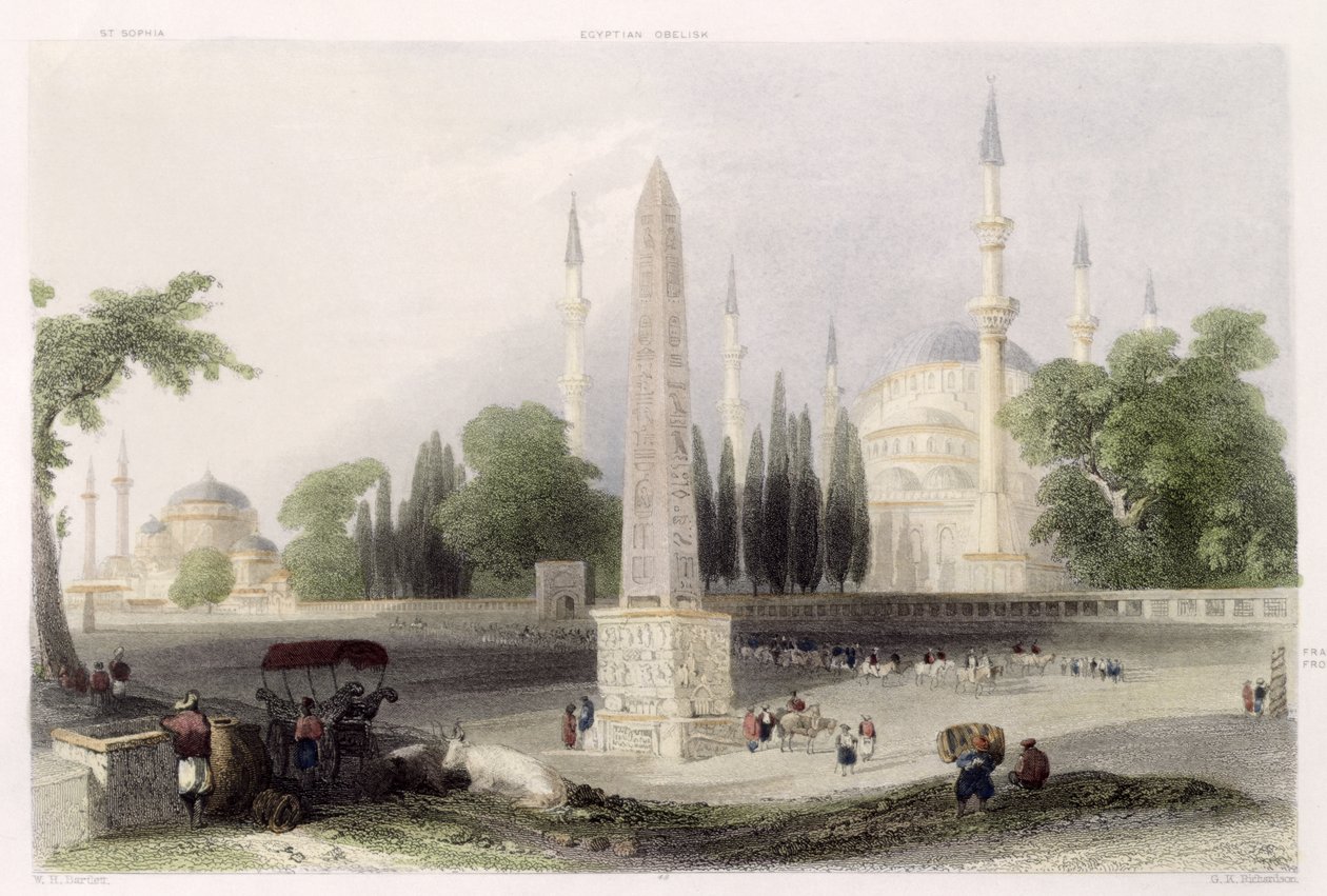 Egipski obelisk w Atmeidan, czyli Hipodromie, Stambuł, rytowany przez G.K. Richardsona, ok. 1850 (akwatinta) autorstwa William Henry Bartlett