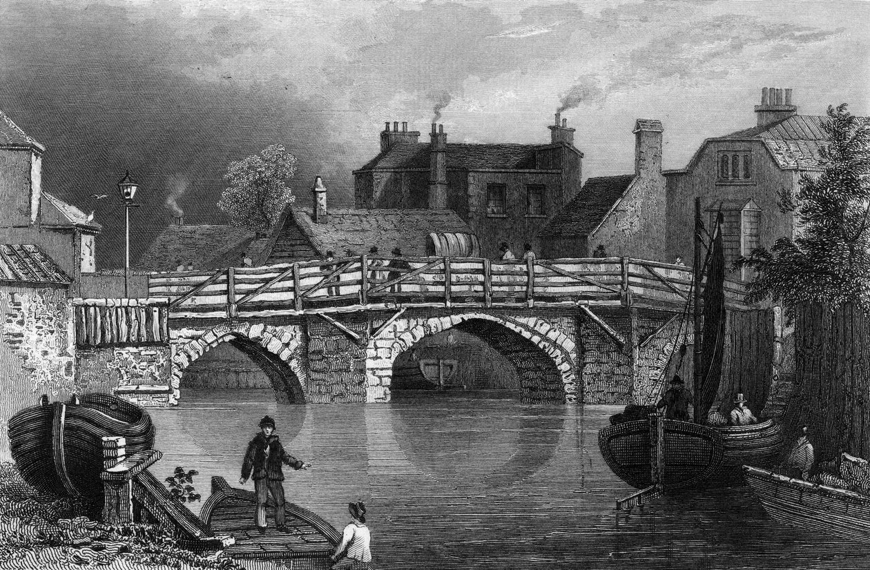 Bow Bridge, Essex, grawerowane przez Johna Rogersa, 1832 autorstwa William Henry Bartlett
