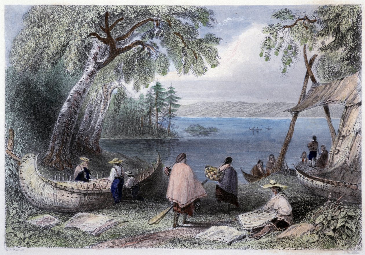 Konstrukcja kajaka na wyspach Pappers w pobliżu rzeki Ottawa - w „”Kanadyjskiej scenerii zilustrowanej”” Bartletta W.H. autorstwa William Henry Bartlett