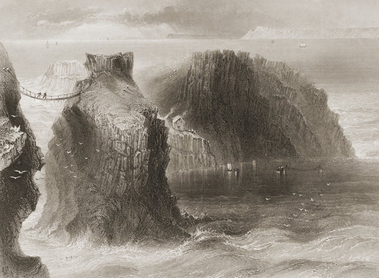 Most linowy Carrick-a-Rede, hrabstwo Antrim, Irlandia Północna, z książki "Scenery and Antiquities of Ireland" George