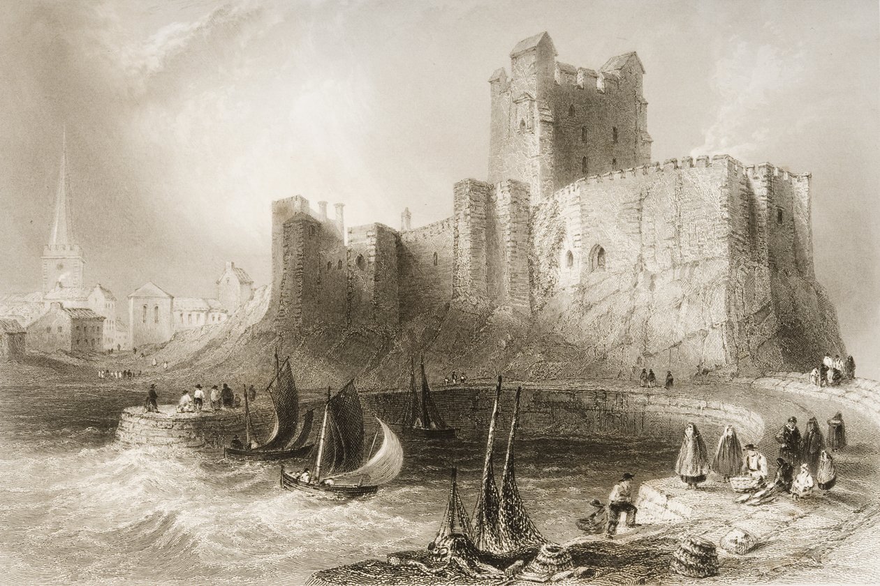 Zamek Carrickfergus, hrabstwo Antrim, Irlandia Północna, z „Krajobrazy i starożytności Irlandii” George