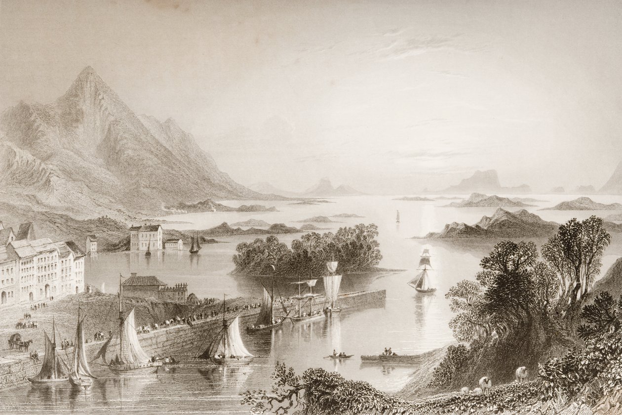 Clew Bay widziana z Westport, hrabstwo Mayo, z „Scenery and Antiquities of Ireland” George