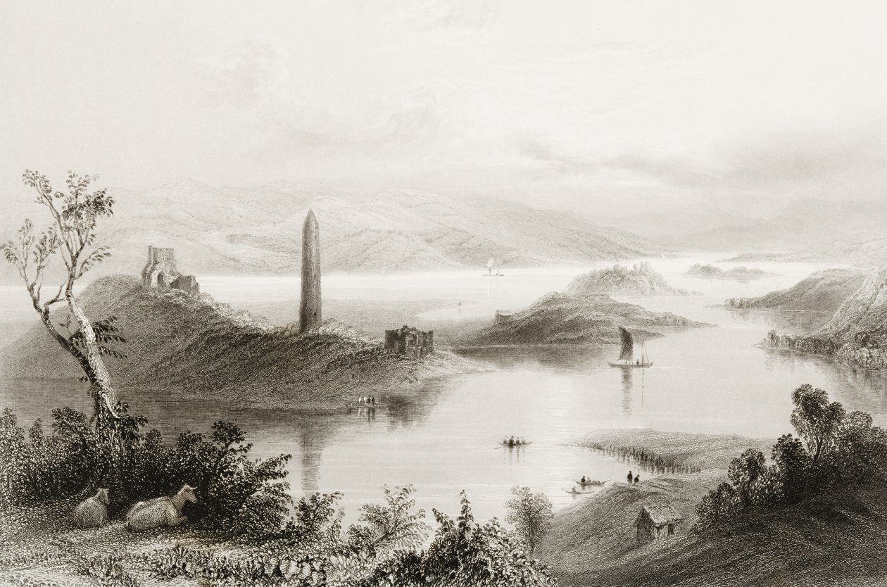 Wyspa Devenish, hrabstwo Fermanagh, Irlandia, z „Krajobrazy i starożytności Irlandii” George