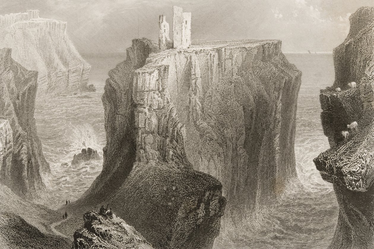 Zamek Dunseverick, hrabstwo Antrim, Irlandia Północna, z „Krajobrazy i starożytności Irlandii” George