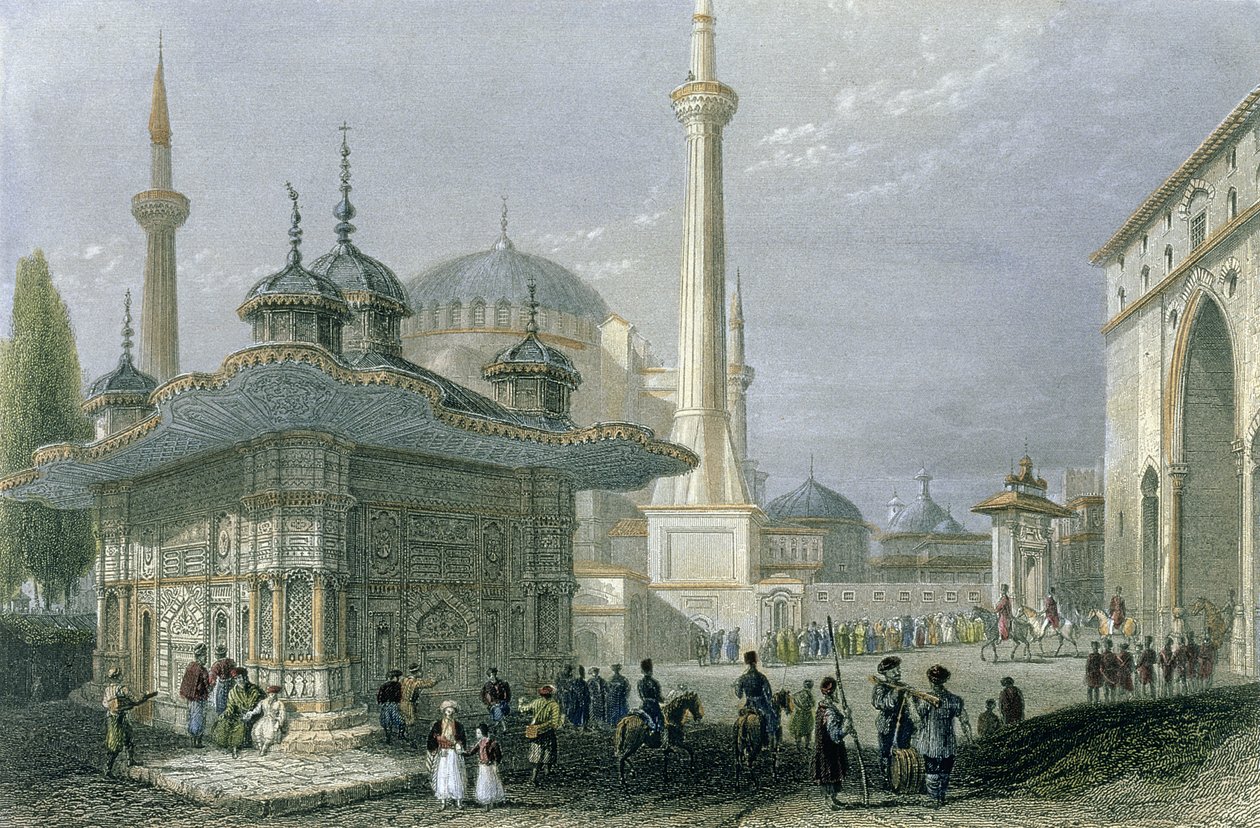 Fontanna i plac św. Zofii, Stambuł, rytowane przez T. Highama, ok. 1850 (akwatinta) autorstwa William Henry Bartlett