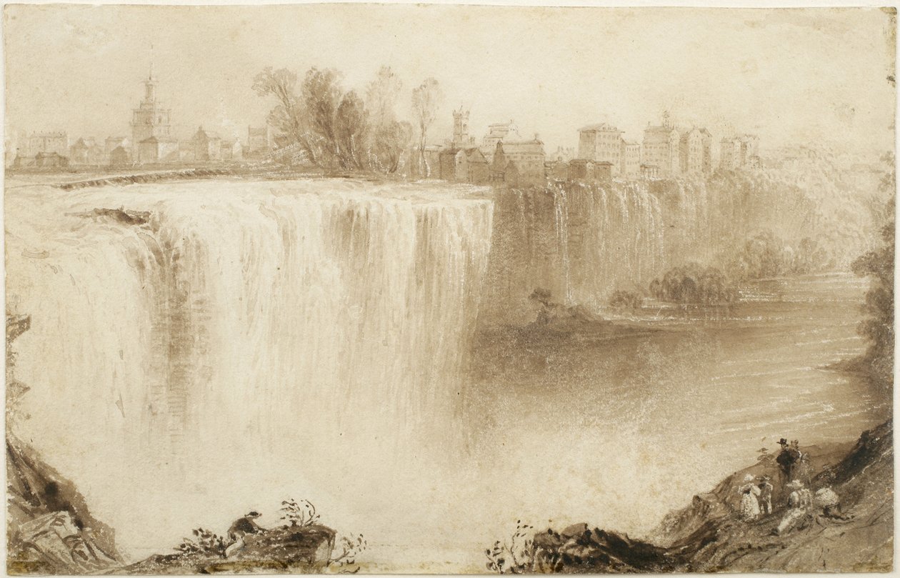 Genesee Falls, Rochester, New York: Study for an Graving, 1836 (mycie brązowym tuszem z drapaniem na papierze) autorstwa William Henry Bartlett