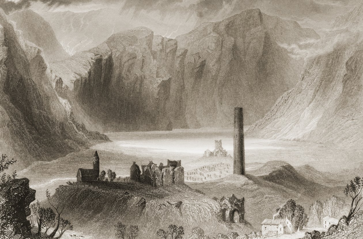Glendalough, hrabstwo Wicklow, Irlandia, z „Krajobrazy i starożytności Irlandii” George