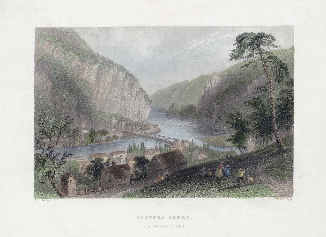 Harpers Ferry (od strony Potomac), wyd. 1839 (ręcznie kolorowane grawerowanie) autorstwa William Henry Bartlett