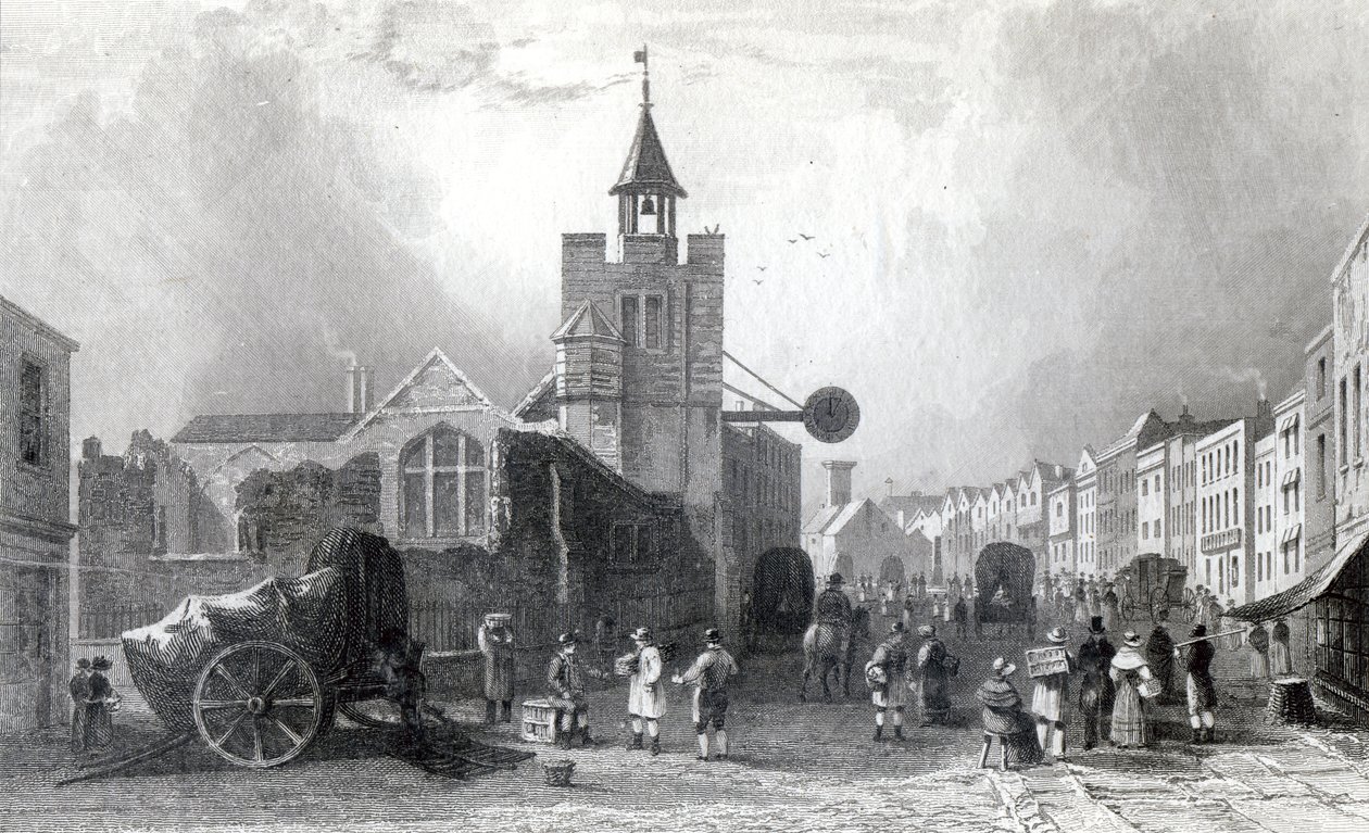 Wysoka St. z kościołem św. Mikołaja, Colchester, Essex, rycina Charles Mottram, 1831 (ryta) autorstwa William Henry Bartlett