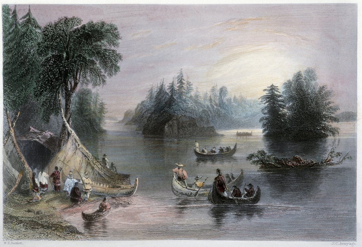Indian Tipis i Canoes, Banks of the St Laurent - w "Canadian scenery illustrated" przez W.H. Bartlett, Londyn autorstwa William Henry Bartlett