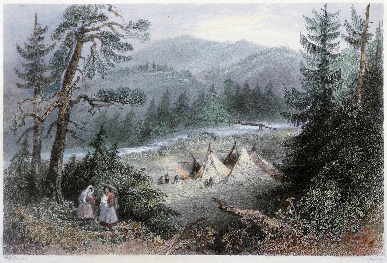 Obóz indiański w pobliżu Mostu Generała, okolice Annapolis - w „”kanadyjskiej scenerii ilustrowanej” przez W.H. Bartlett, Londyn autorstwa William Henry Bartlett
