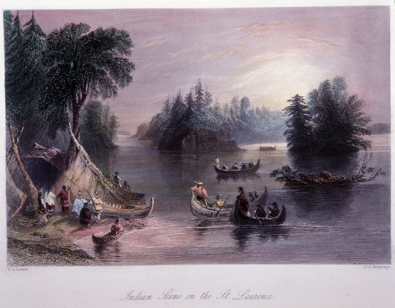 Obozowisko indiańskie nad brzegiem Saint Laurent - w „kanadyjskiej scenerii ilustrowanej” przez Bartletta W.H. autorstwa William Henry Bartlett