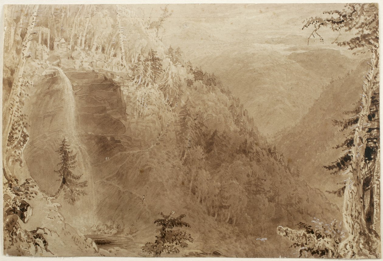 Kaaterskill Falls from Above the Ravine, Catskill Mountains, New York: Study for an Graving, 1836 (brązowy tusz z akcentami bieli na papierze, nałożony na karton) autorstwa William Henry Bartlett