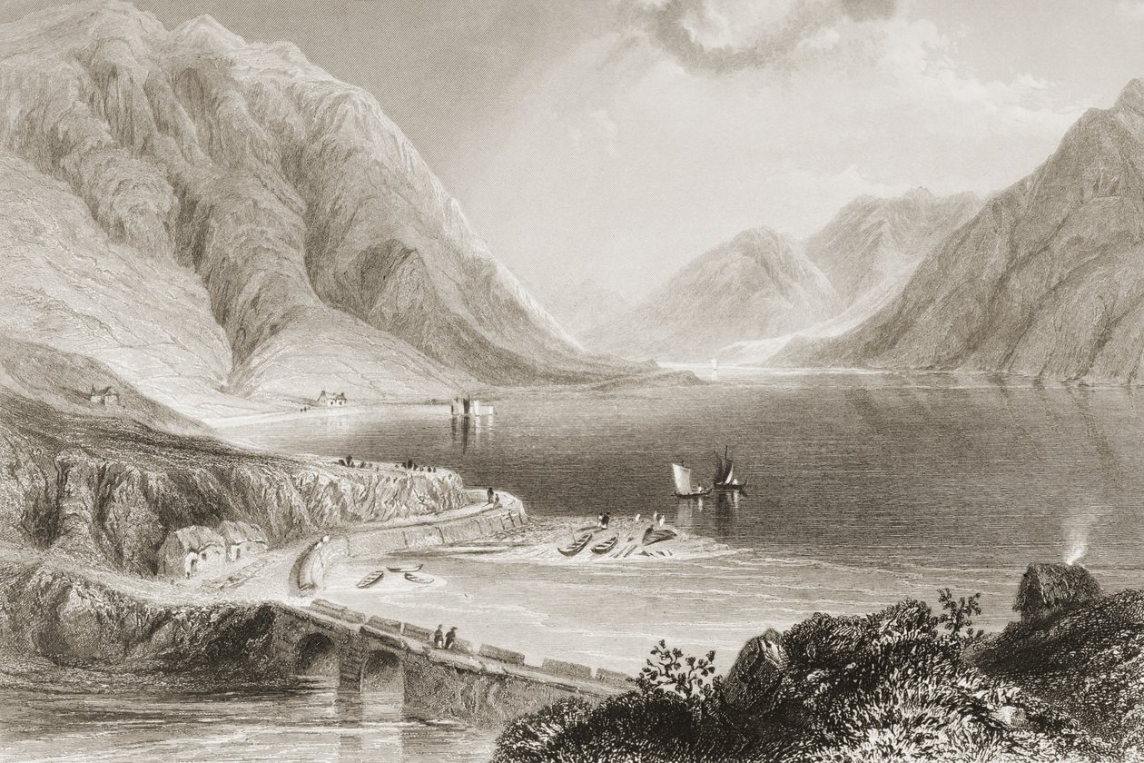 Leenane, Connemara, hrabstwo Galway, Irlandia, z "Scenery and Antiquities of Ireland" George Virtue, lata 60-te XIX wieku autorstwa William Henry Bartlett