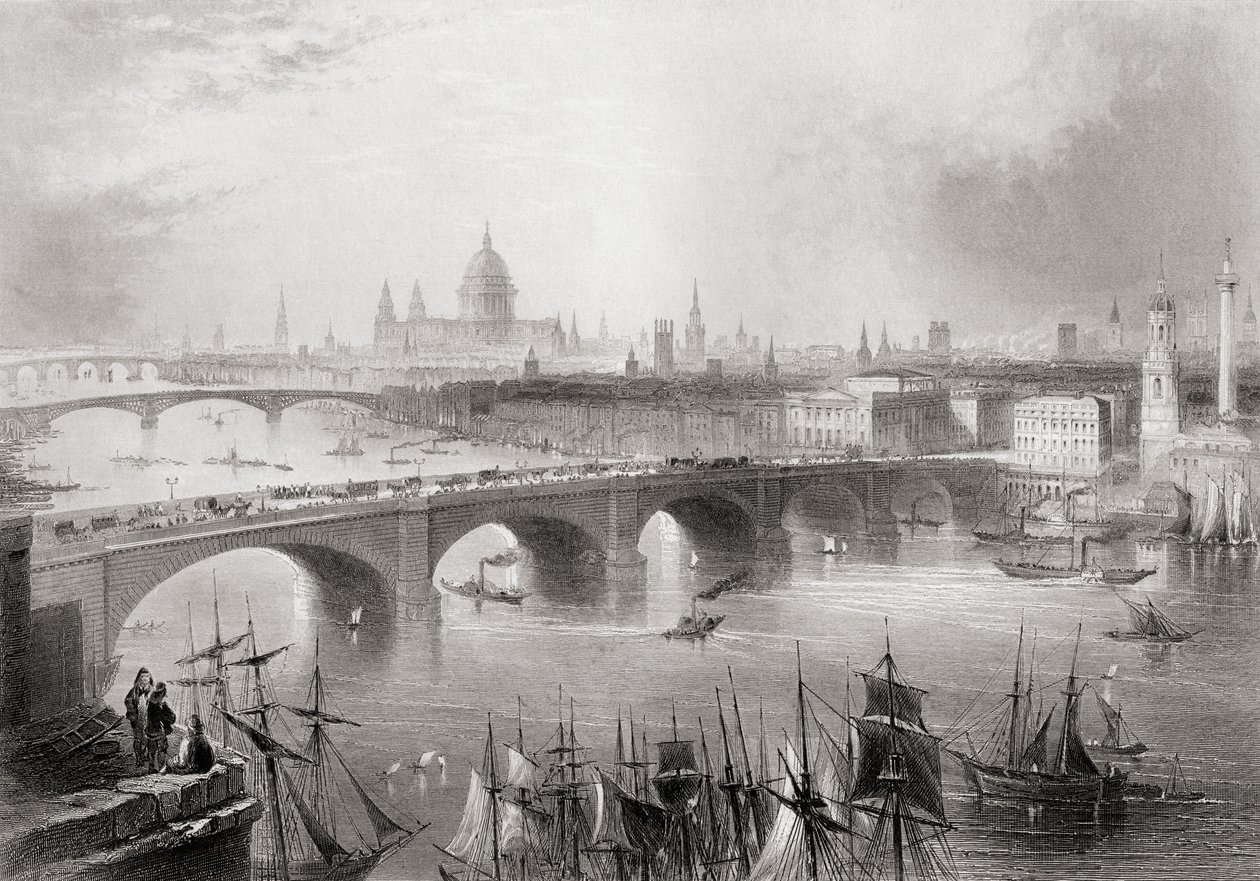 London, Southwark i Blackfriars mosty na Tamizie, Londyn, Anglia, z „Cyclopaedia of Useful Arts and Manufactures” Charlesa Tomlinsona autorstwa William Henry Bartlett