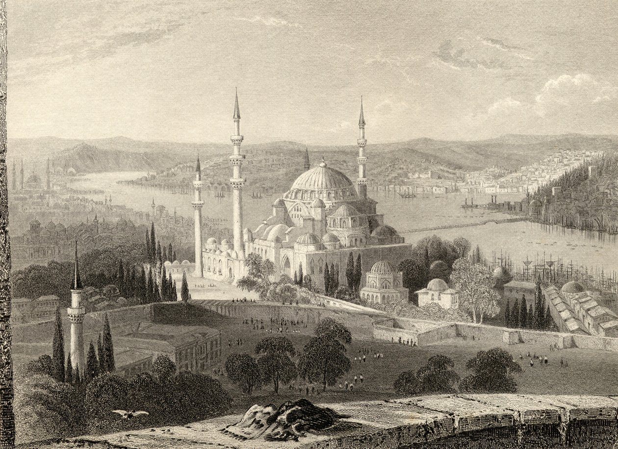 Meczet i Grobowiec Sulejmana, z Wieży Seraskiera, Stambuł, Turcja, grawerowane przez H. Adlarda autorstwa William Henry Bartlett