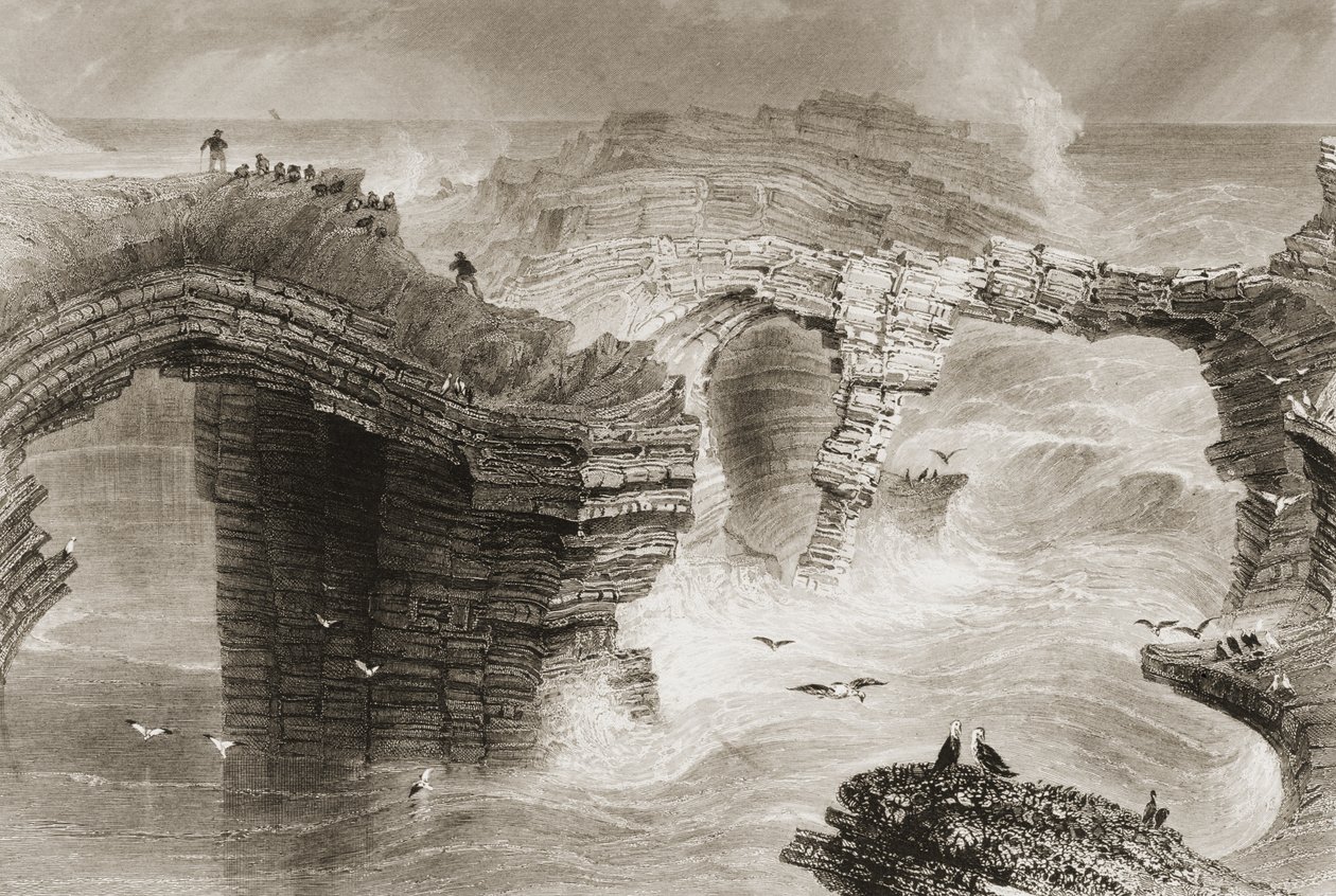 Naturalne mosty w pobliżu Kilkee, hrabstwo Clare, Irlandia, z „Krajobrazy i starożytności Irlandii” be George Virtue, lata 60. XIX wieku autorstwa William Henry Bartlett