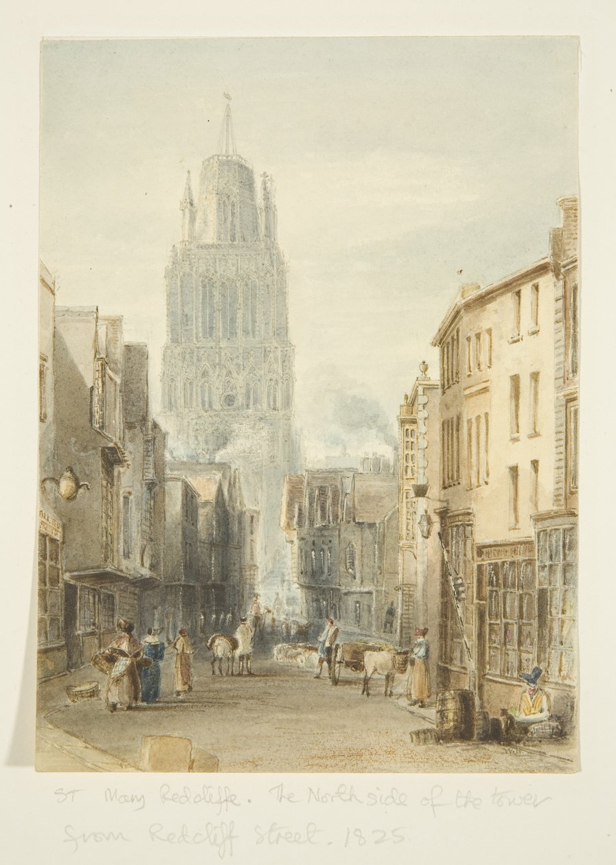 Widok na północną część kościoła St Mary Redcliffe od strony ulicy Redcliffe autorstwa William Henry Bartlett