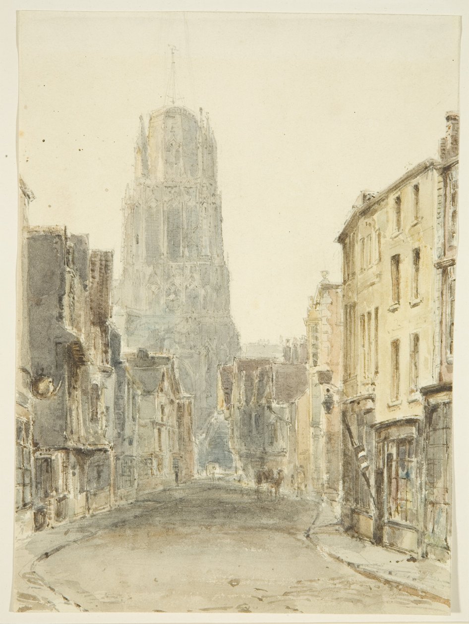 Widok północny kościoła St Mary Redcliffe od strony ulicy Redcliffe, ok. 1825 (ołówek i akwarela na papierze) autorstwa William Henry Bartlett
