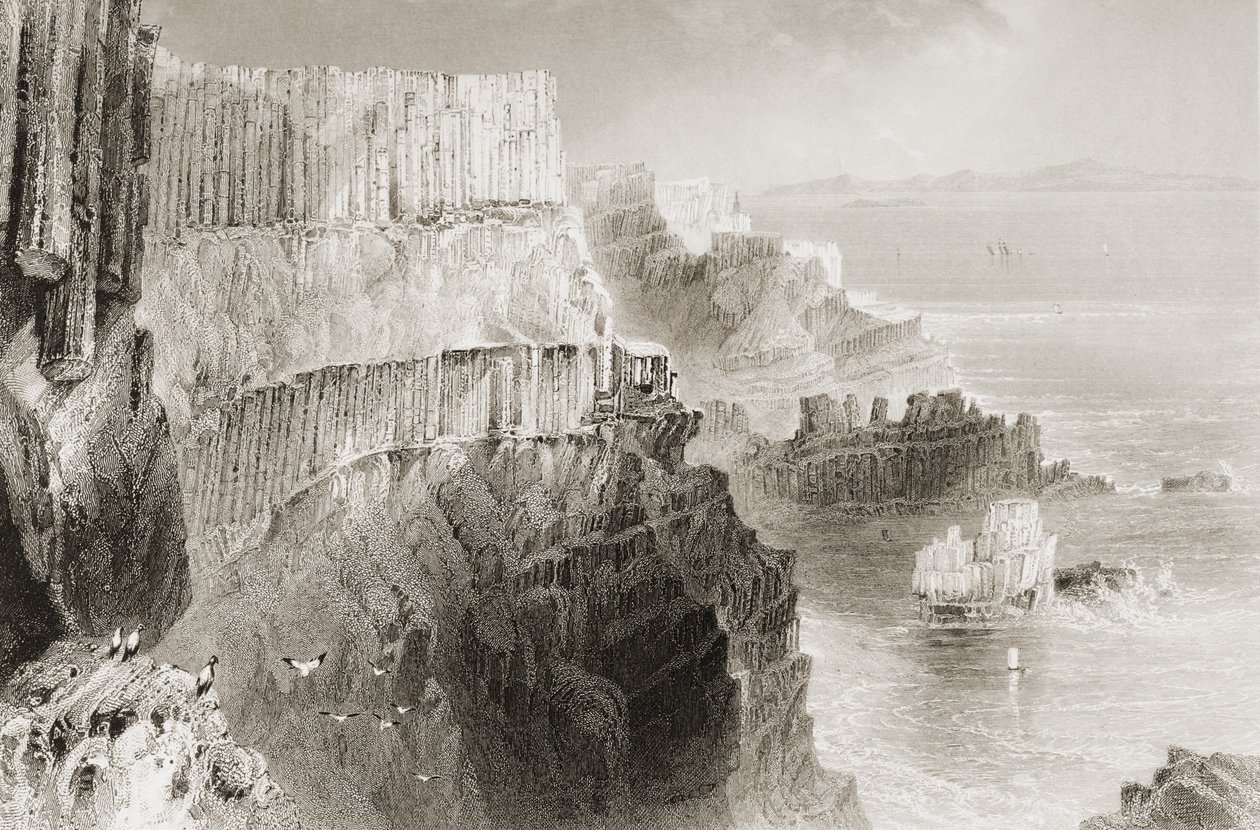 Plaiskin Cliff, w pobliżu Grobli Olbrzyma, hrabstwo Antrim, Irlandia Północna, z „Krajobrazy i starożytności Irlandii” George
