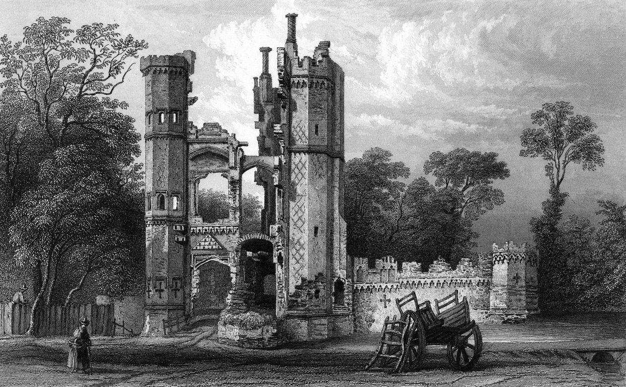 Pozostałości Nether Hall, w pobliżu Harlow, Essex, grawerowane przez Johna Rogersa, c.1832 (grawerowanie) autorstwa William Henry Bartlett