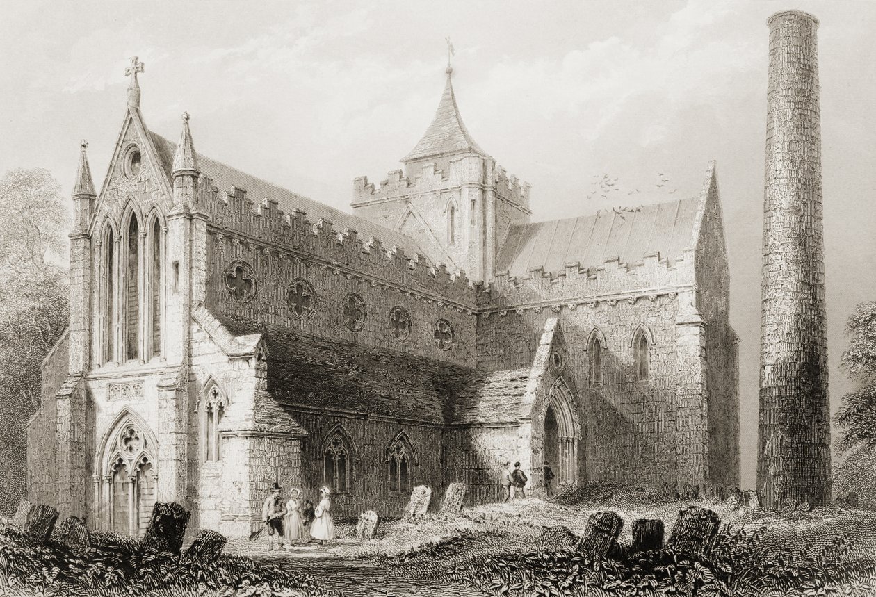 Katedra św Canice, Kilkenny, Hrabstwo Kilkenny, Irlandia, z „Krajobrazy i starożytności Irlandii” George