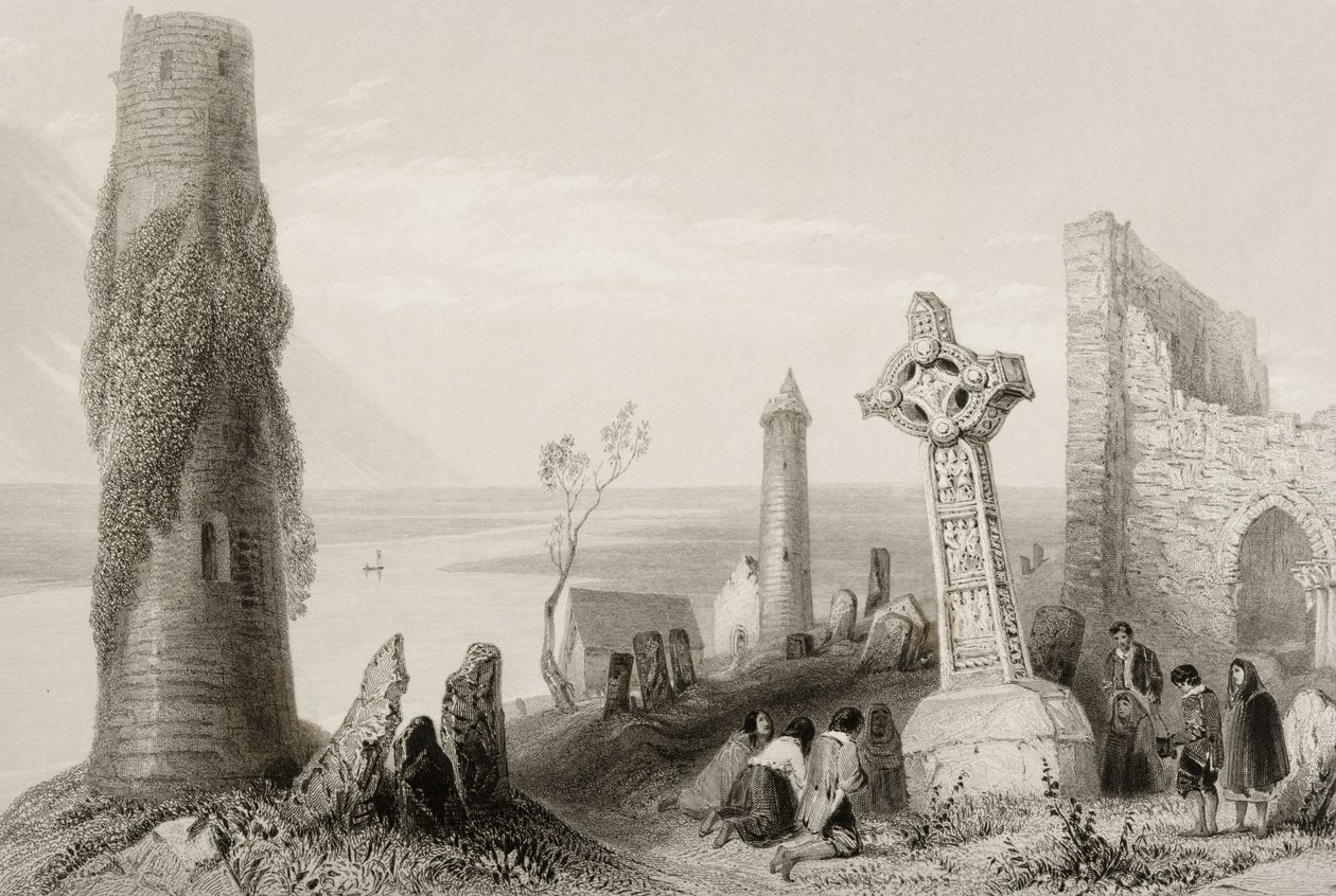 Starożytny krzyż i okrągła wieża w Clonmacnois, hrabstwo Offaly, Irlandia, z „Krajobrazy i starożytności Irlandii” (patrz 131074) autorstwa William Henry Bartlett