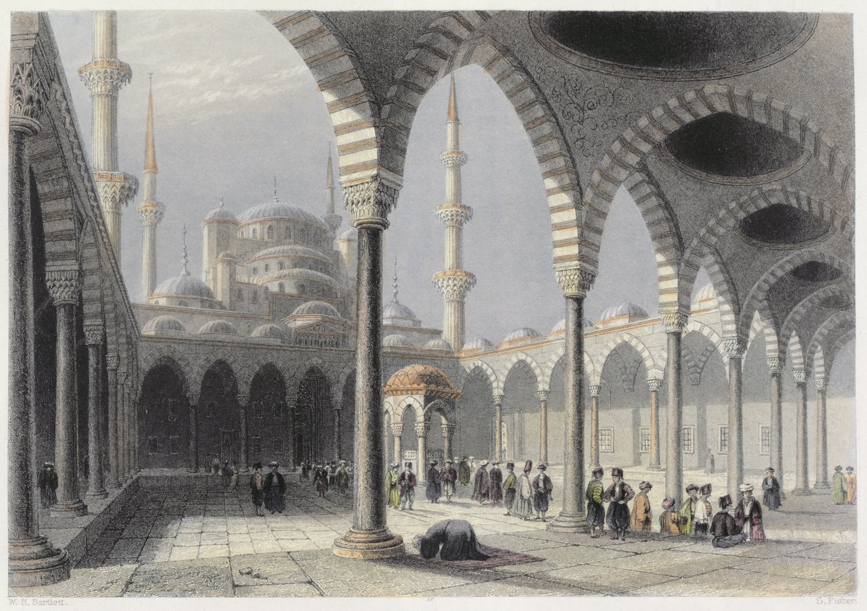 Dziedziniec Meczetu Sułtana Achmeta, Stambuł, grawerowany przez S. Fishera, ok. 1850 (akwatinta) autorstwa William Henry Bartlett