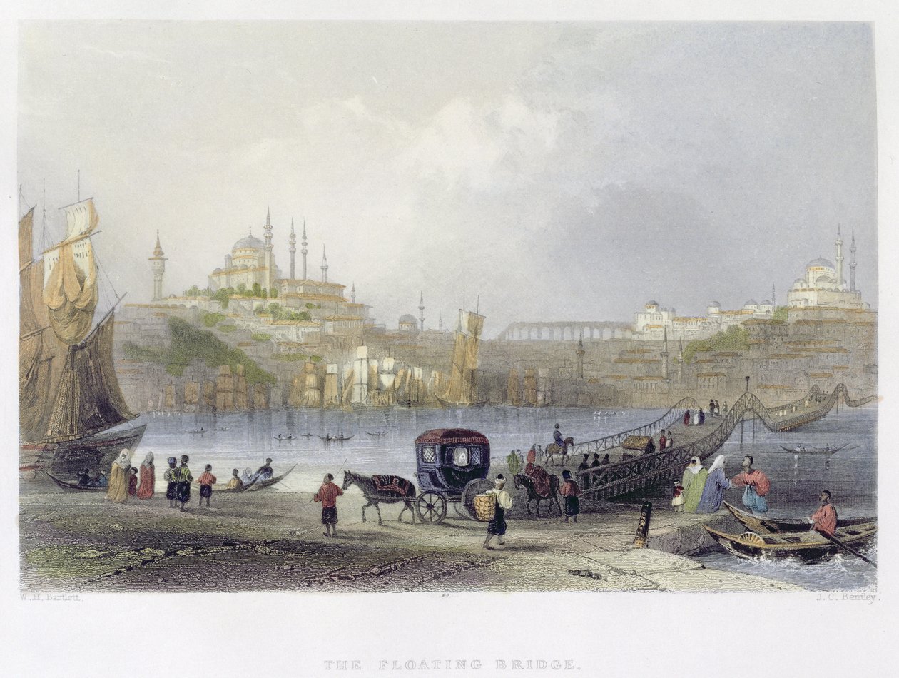 Pływający most, Stambuł, ryty J.C. Bentley, c.1850 (akwatinta) autorstwa William Henry Bartlett
